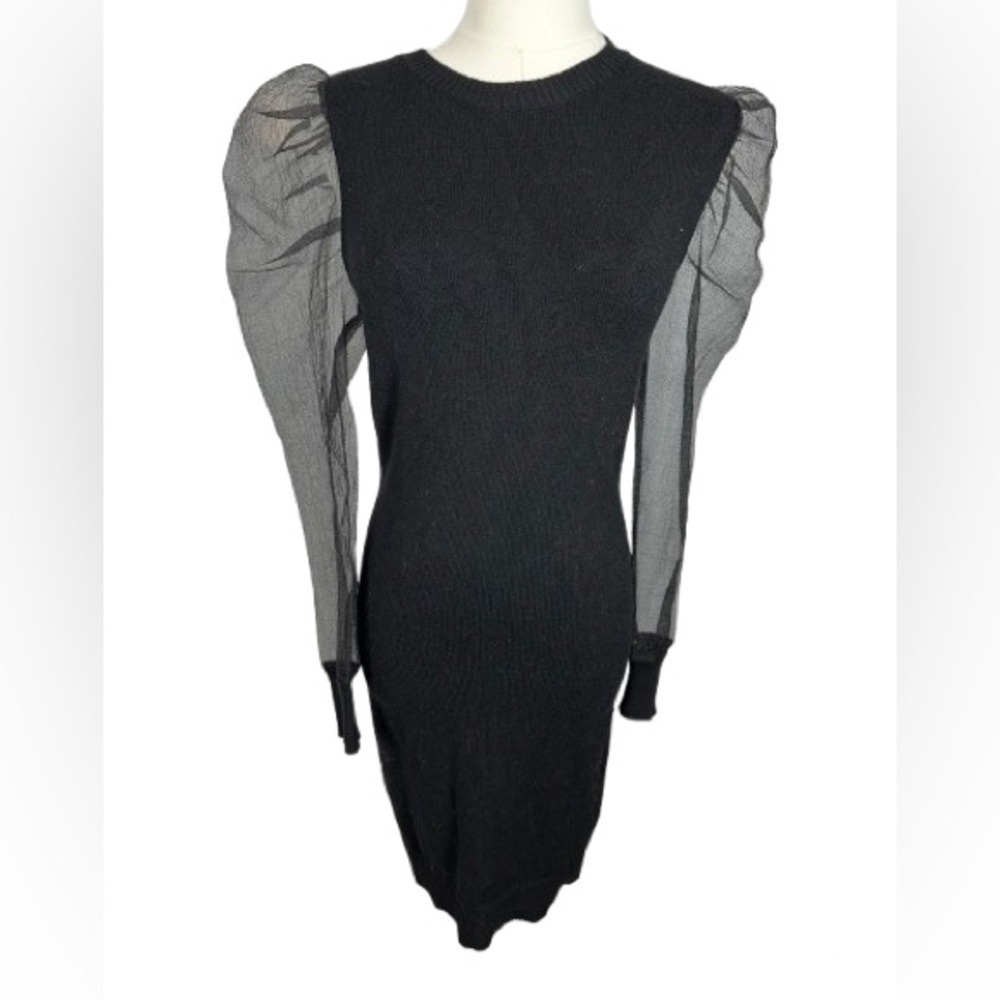 Black Puff-Sleeve Sheer-Sleeve Knit Bodycon Dress